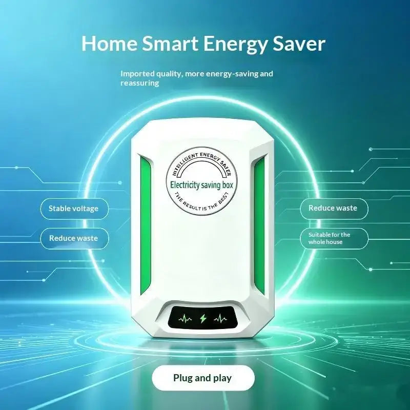 White rectangular electricity saving box with green accents and circular intelligent energy saver label for home use