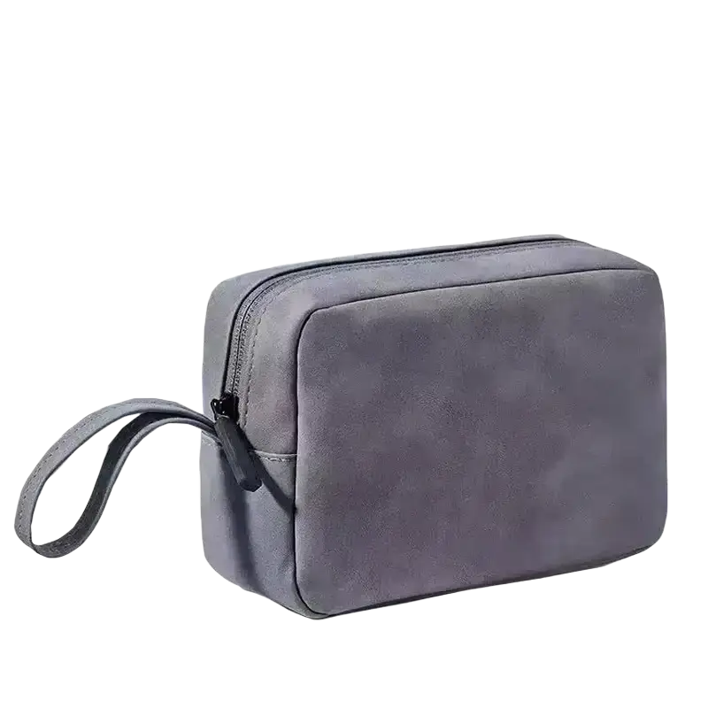 Electronic accessories travel organizer case in gray pu leather with black zipper and matching wrist strap