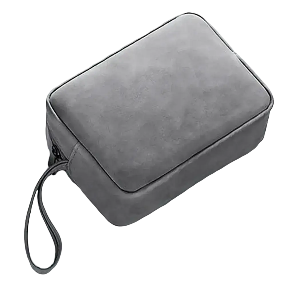 Gray pu leather electronic accessories travel organizer case with suede-like texture and matching wrist strap