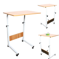 Adjustable rolling laptop desk stand with light wood finish top white metal frame and black caster wheels for mobility