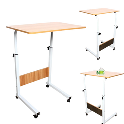 Adjustable rolling laptop desk stand with light wood finish top white metal frame and black caster wheels for mobility