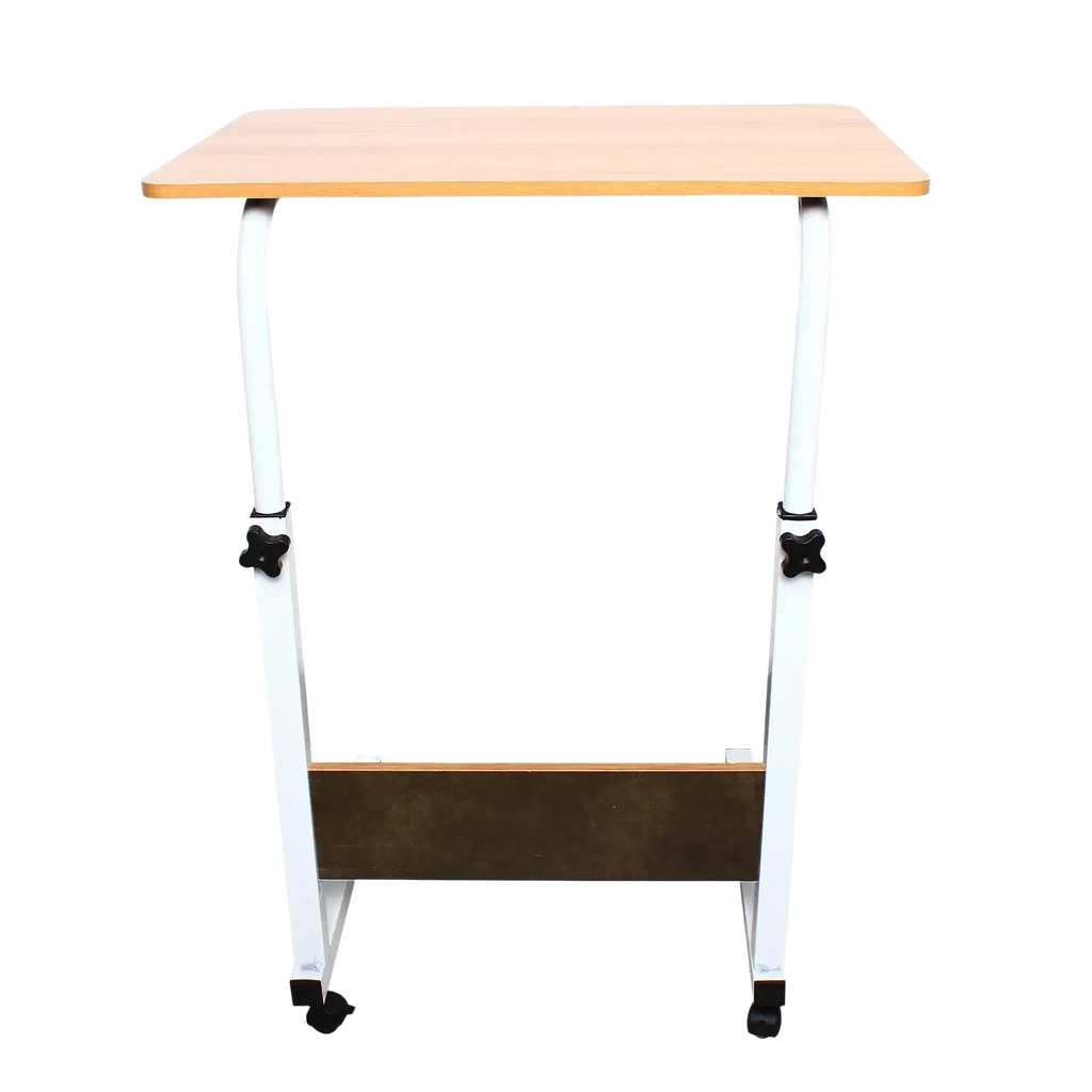 Adjustable rolling laptop desk stand with light wood finish tabletop, white metal frame, and black caster wheels for mobility