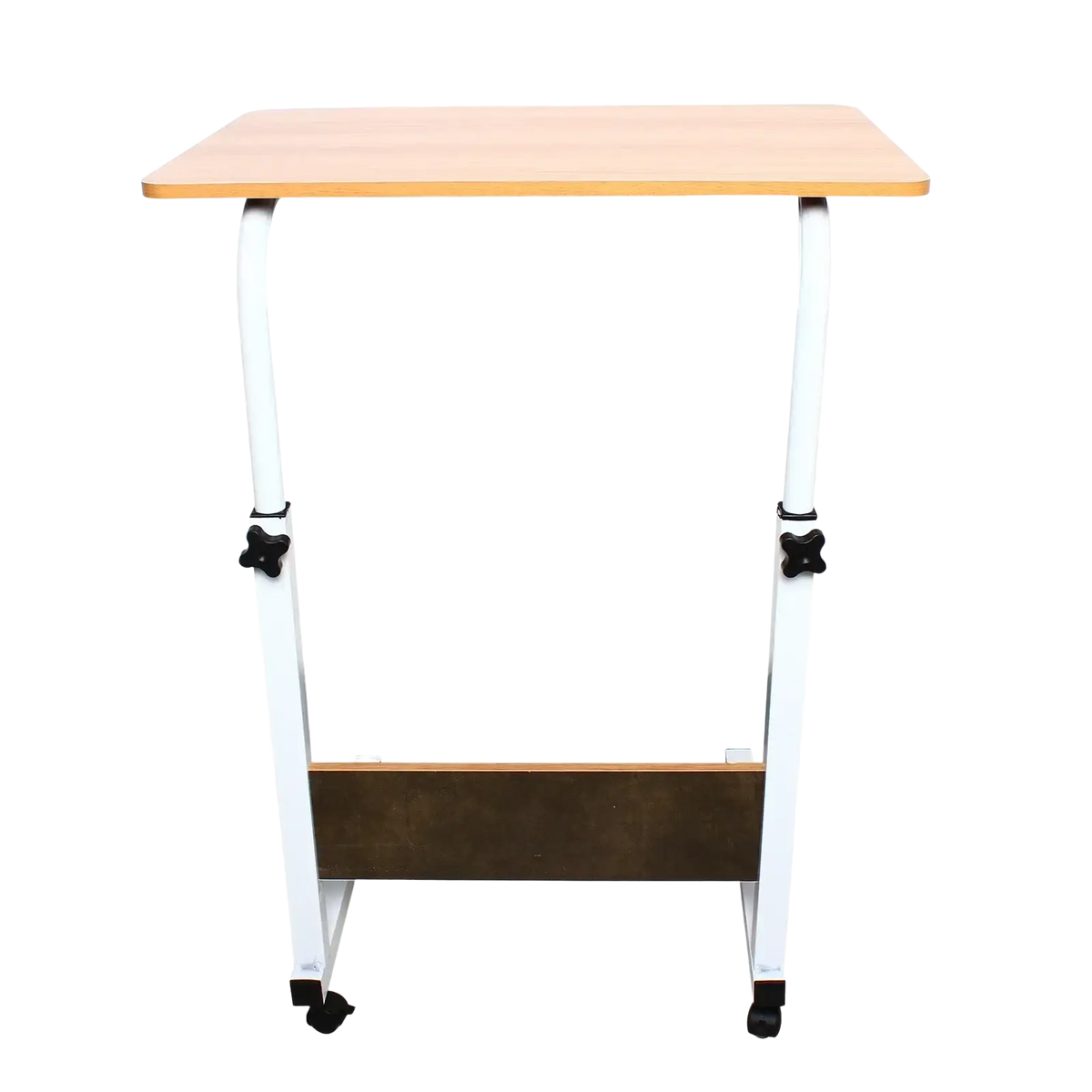 Adjustable rolling laptop desk stand with light wood finish tabletop, white metal frame, and black caster wheels for mobility