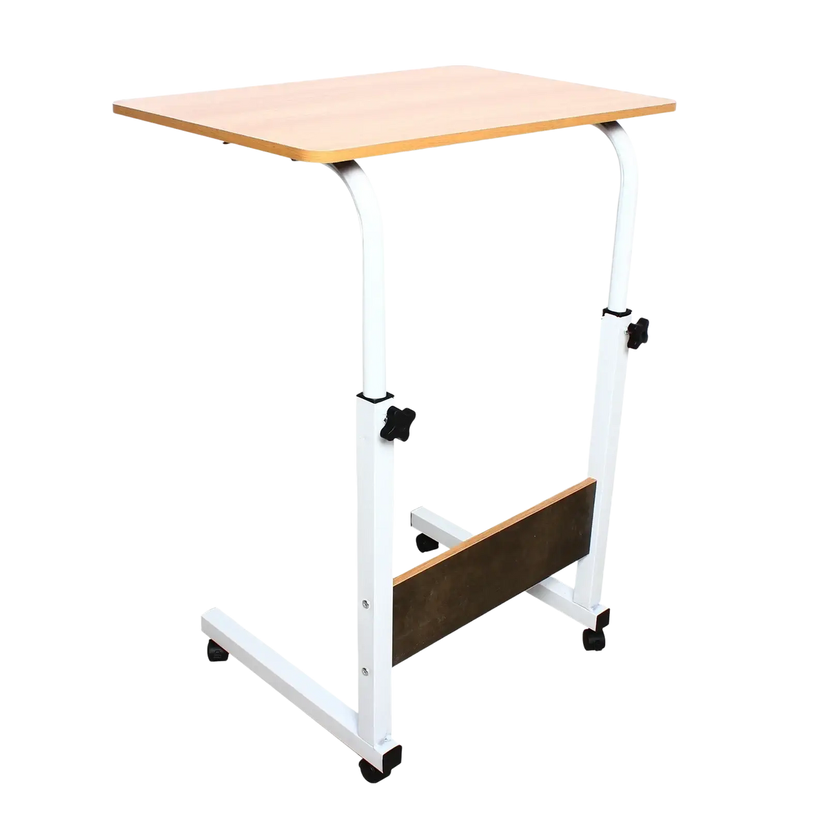 Adjustable rolling laptop desk stand with white adjustable height frame, light wood top, dark brown shelf, and black caster wheels