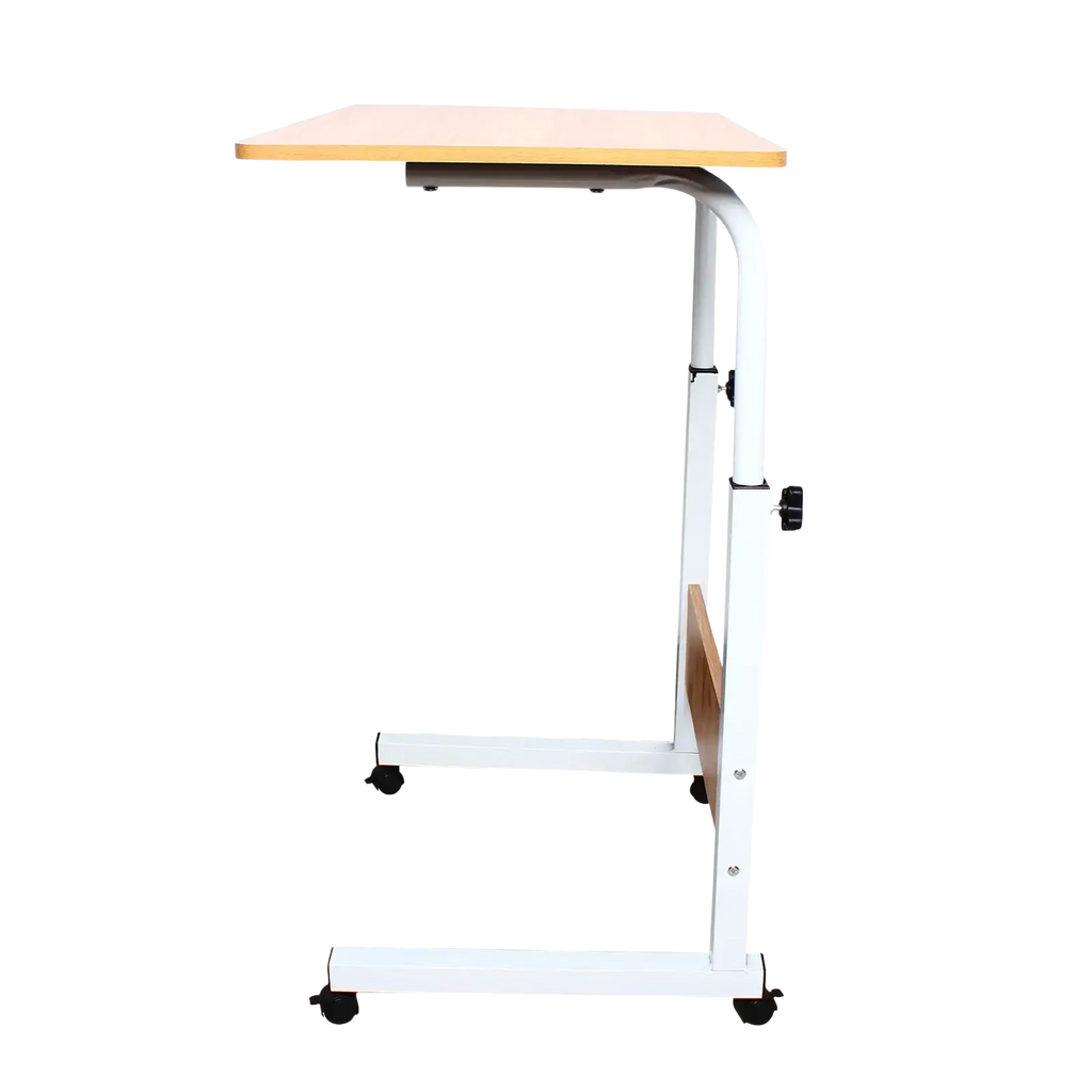 Adjustable rolling laptop desk stand with white adjustable height frame, light wood-colored top, and black caster wheels