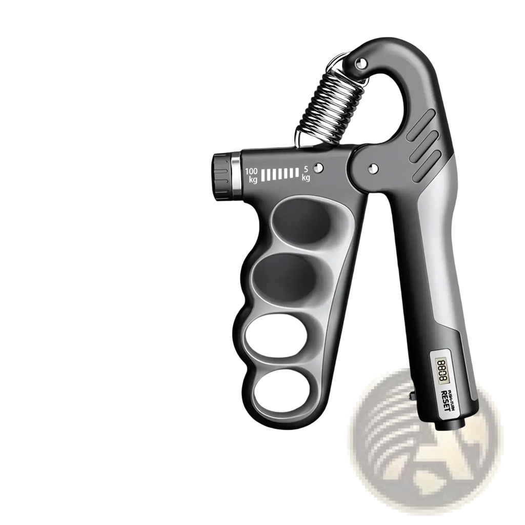 Gray electronic grip strength trainer with digital display and adjustable spring for hand strength training