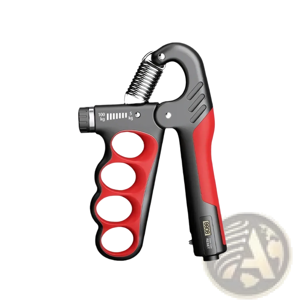 Electronic grip strength trainer hand exerciser in red and black with adjustable spring mechanism and grip handles
