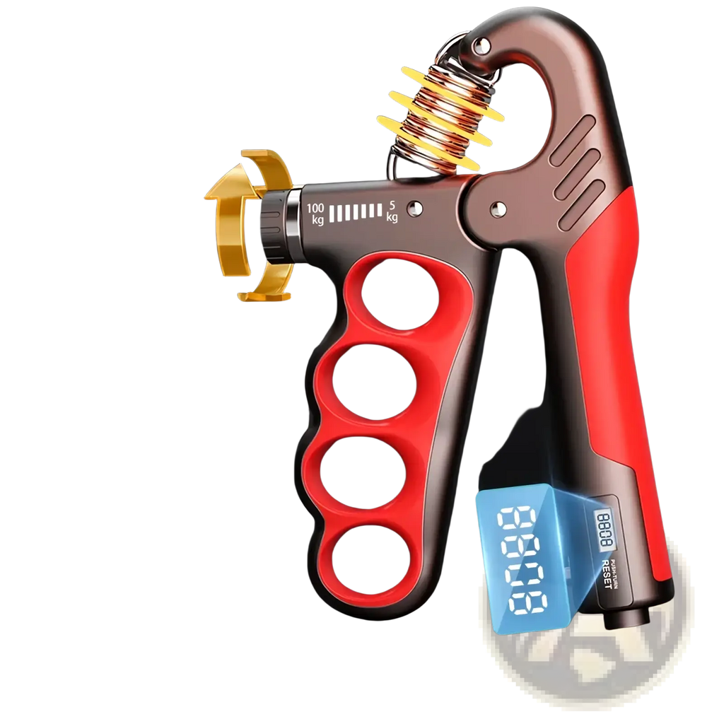 Red and black adjustable electronic hand gripper with digital display for grip strength training and hand exercise