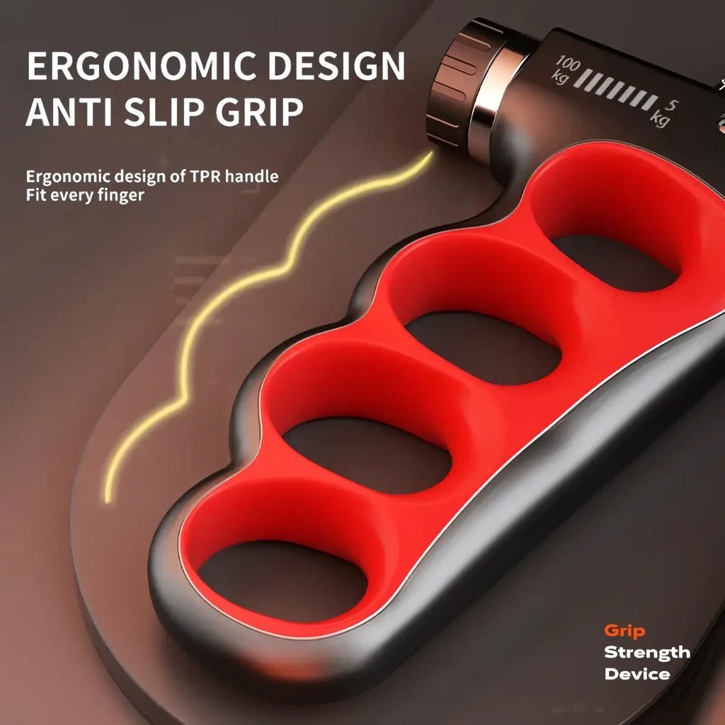 Electronic grip strength trainer with red and black ergonomic tpr handle for finger fit and digital hand exercise