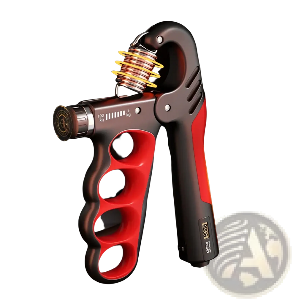 Red and black electronic grip strength trainer with adjustable grip and digital display showing 80kg resistance
