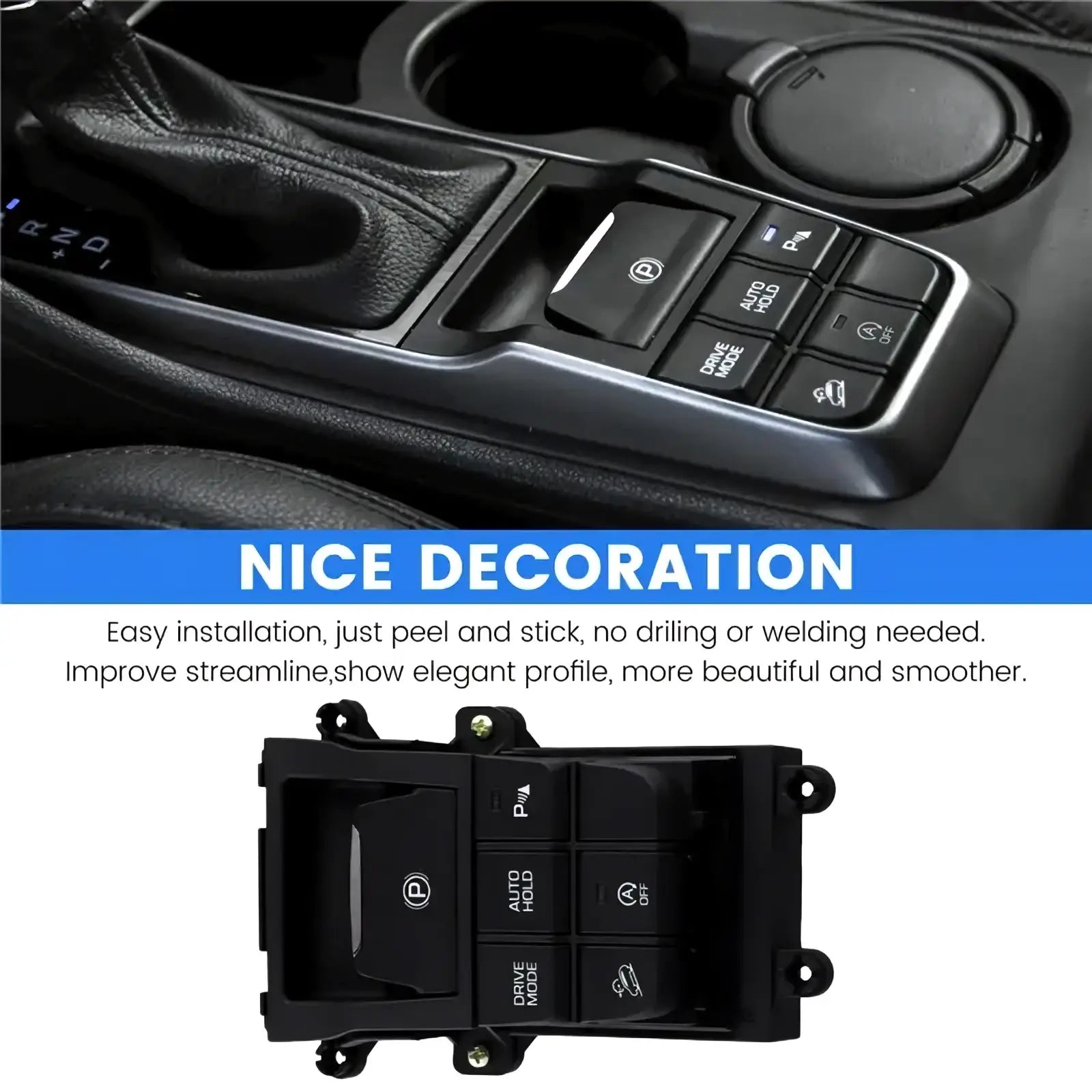 Black plastic electronic hand brake switch panel with park auto hold drive mode and off buttons for tucson 2016 2017