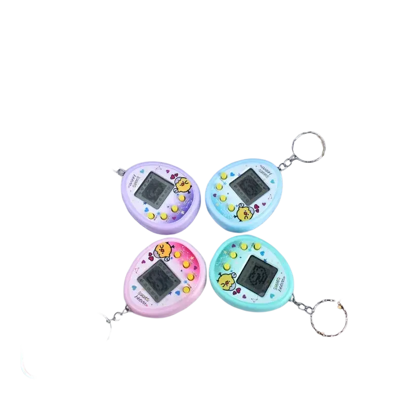 Four pastel-colored electronic pets keychain handheld game consoles in purple blue pink and teal with cartoon designs