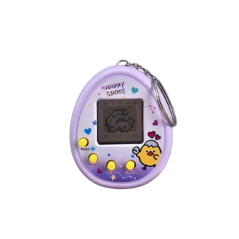 Lavender electronic pet digital game machine keychain with yellow chick illustration and four bright yellow buttons