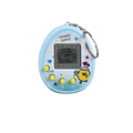 Light blue plastic electronic pet game console keychain with yellow chick design and four yellow buttons