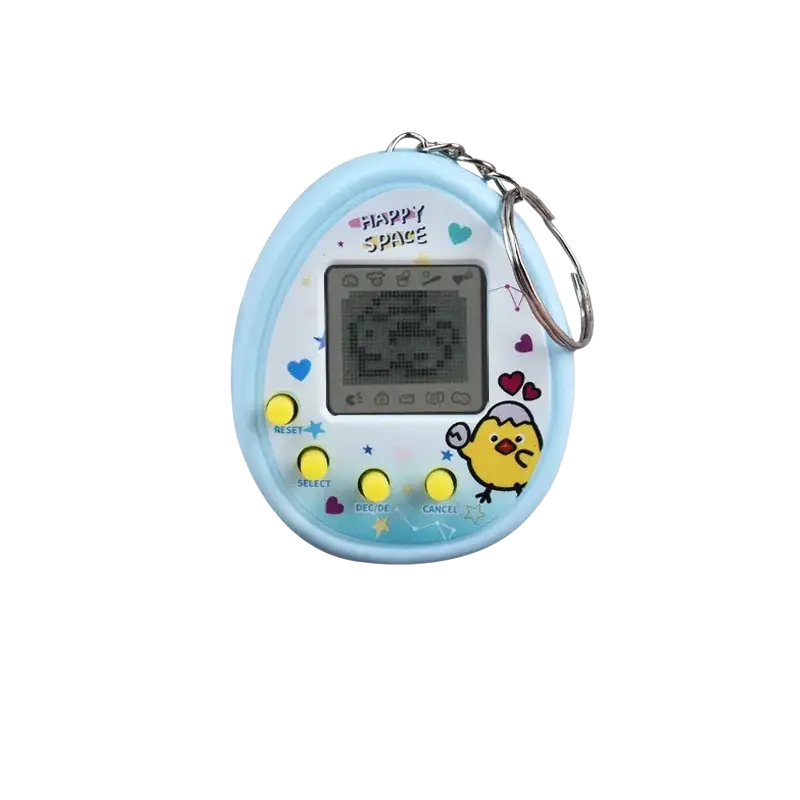 Light blue plastic electronic pet game console keychain with yellow chick design and four yellow buttons