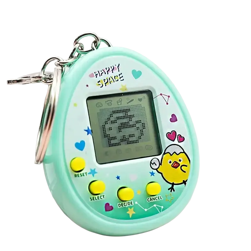 Mint green plastic electronic pet digital game machine keychain with yellow buttons and cartoon chick design