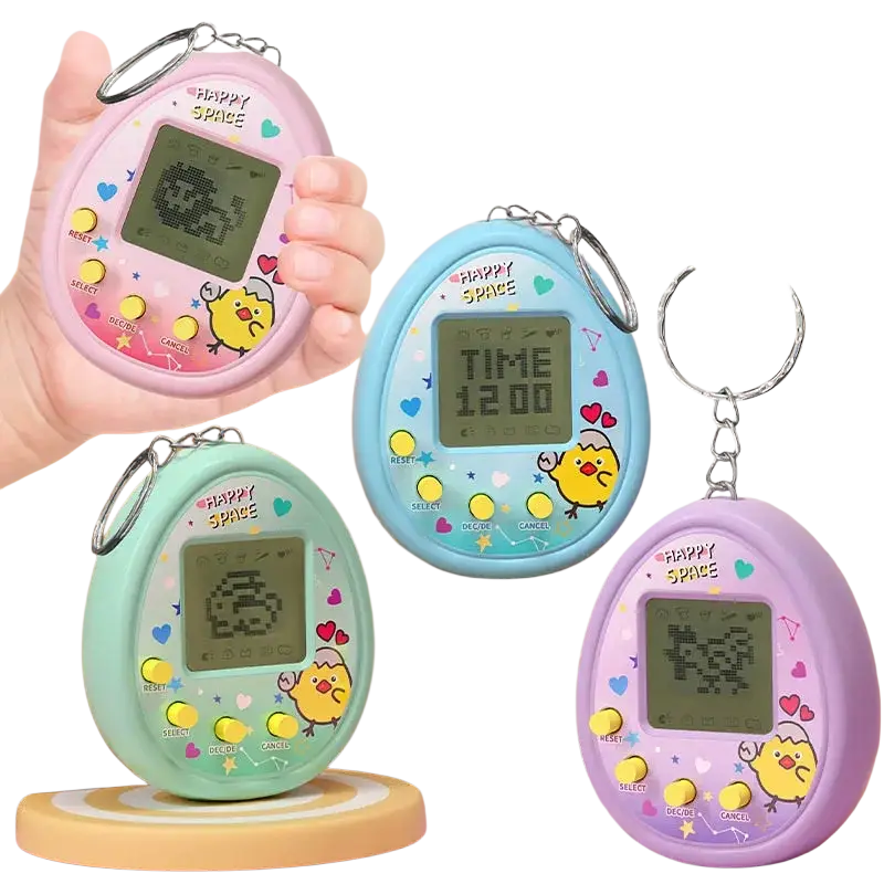 Pastel-colored plastic handheld electronic pet digital game console keychain with cute yellow chick and happy space branding