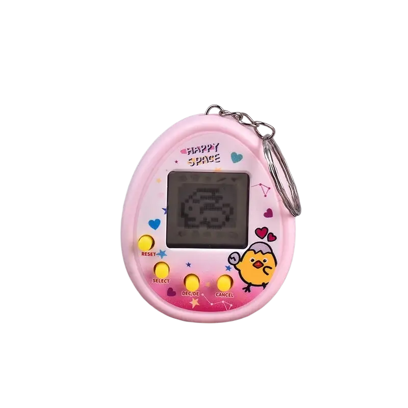 Pink plastic electronic pet digital game machine keychain with yellow chick design and happy space text