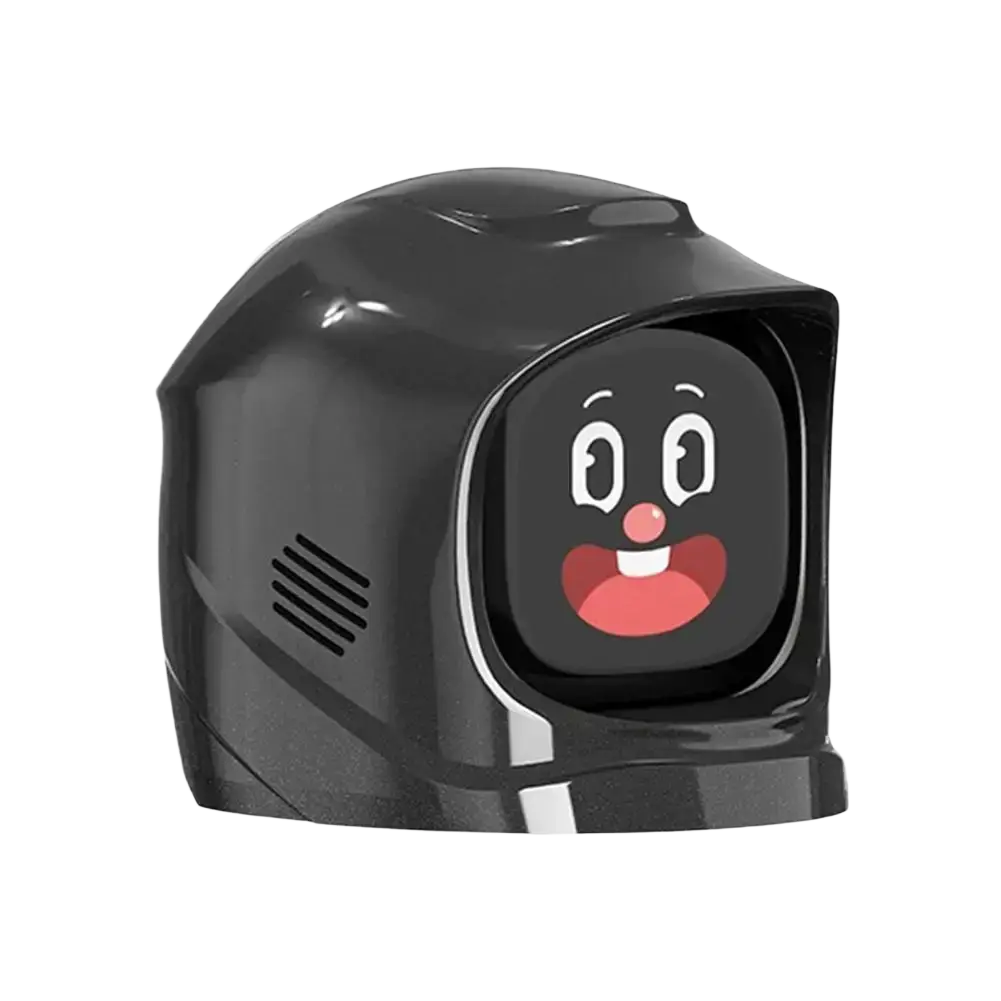 Black glossy electronic pet robot helmet with touch screen featuring cartoon face sound effects and interactive design
