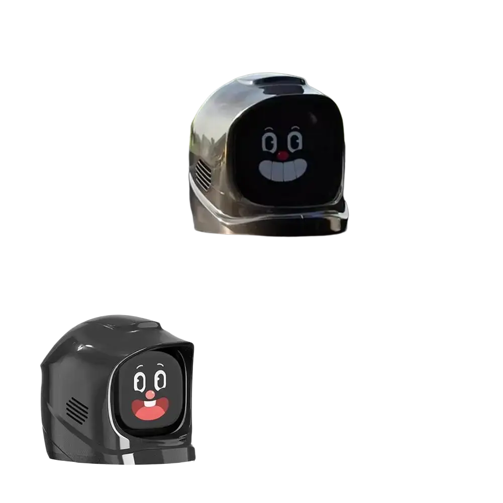 Black and silver electronic pet robot with touch screen and sound effects featuring a cartoon face with white eyes and red nose