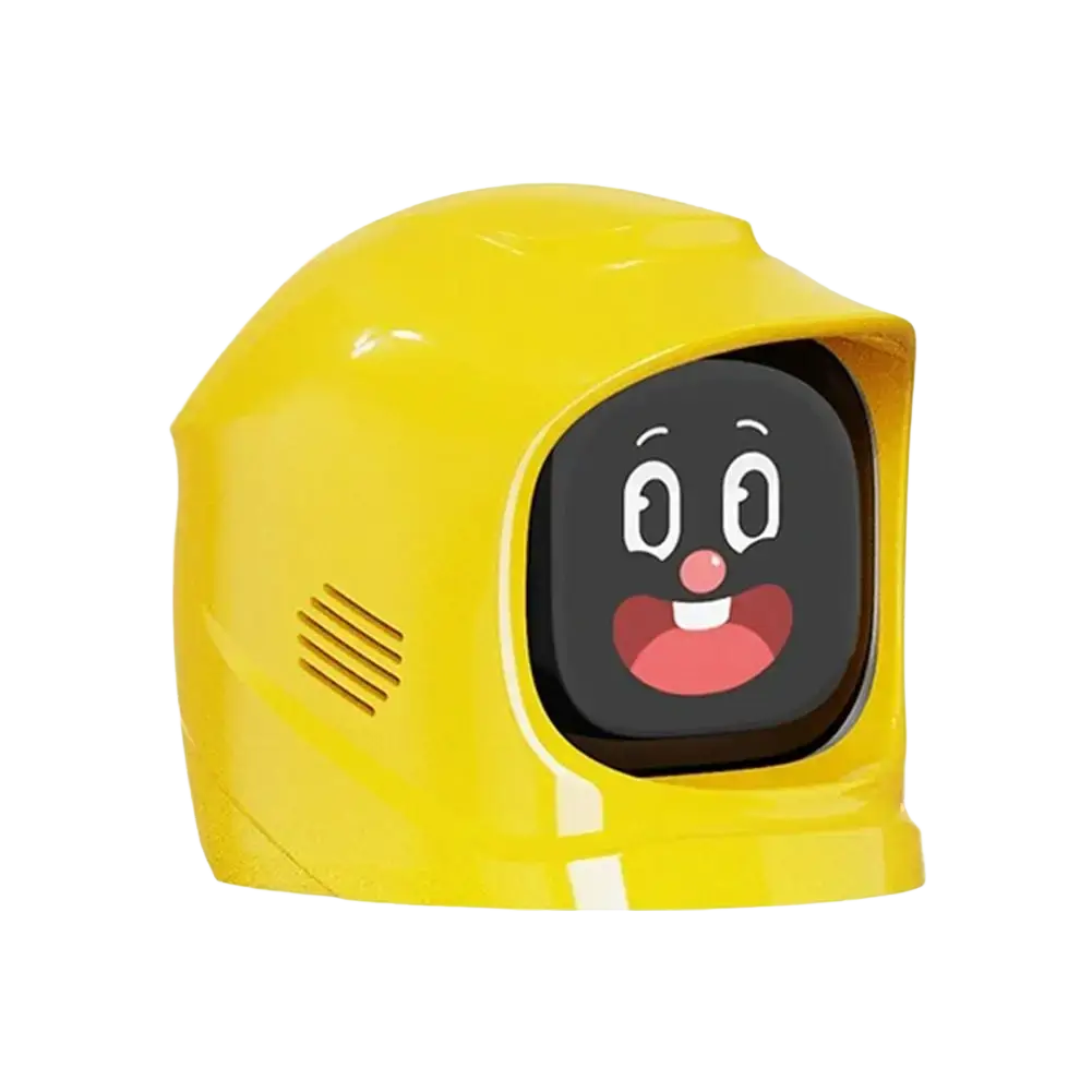 Bright yellow glossy plastic electronic pet robot with touch screen and sound effects displaying a cheerful face