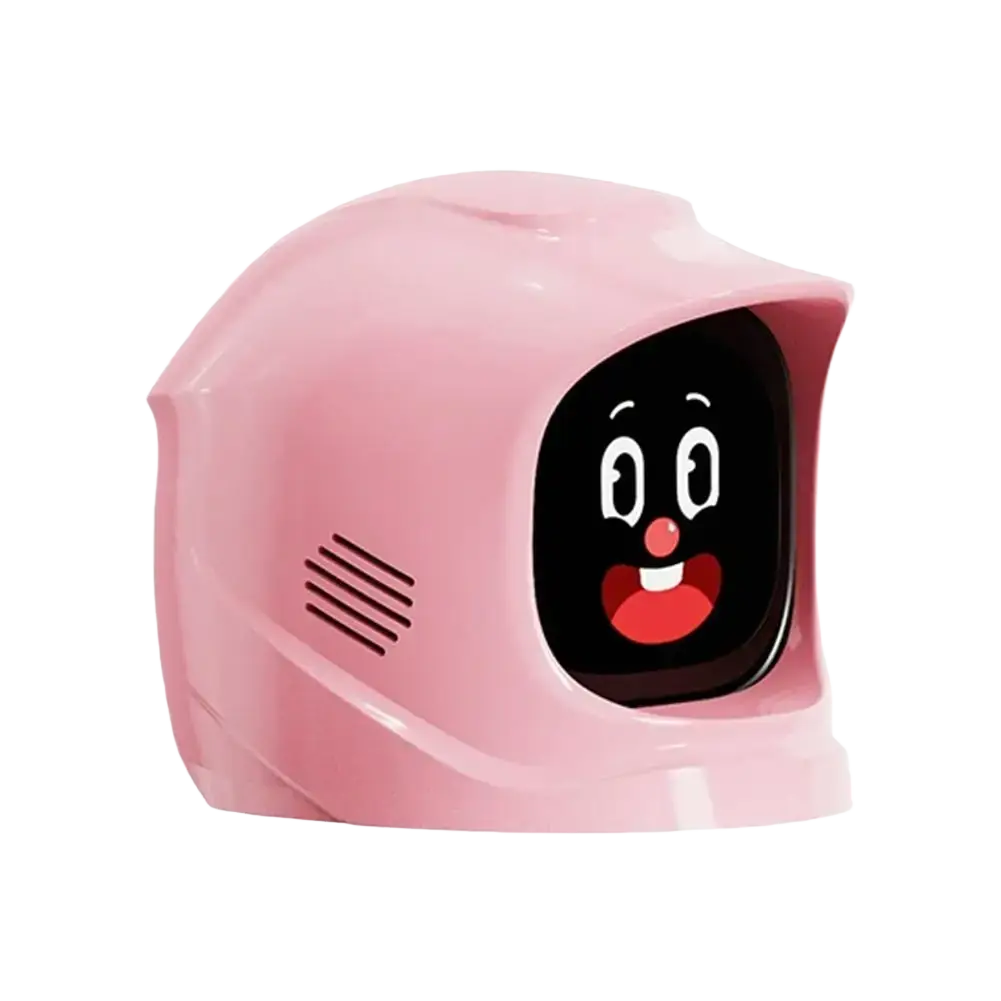 Pink plastic electronic pet robot with touch screen displaying cartoon face and sound effects features