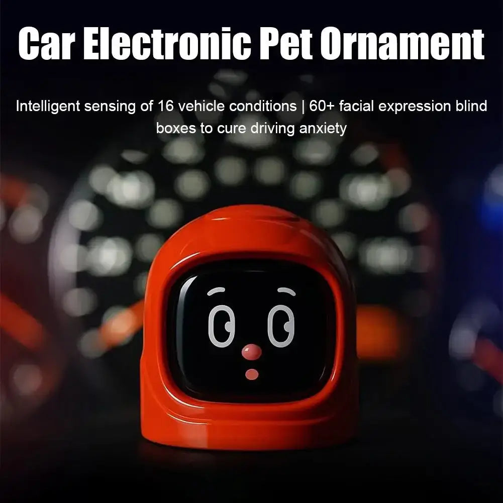 Red glossy plastic electronic pet robot with touch screen displaying cartoon eyes and sound effects features