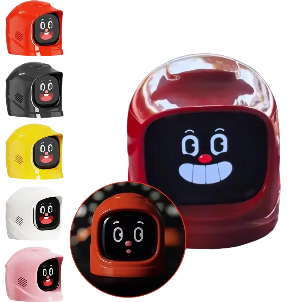 Red glossy plastic electronic pet robot dashboard cleaner with touch screen and sound effects smiling face display