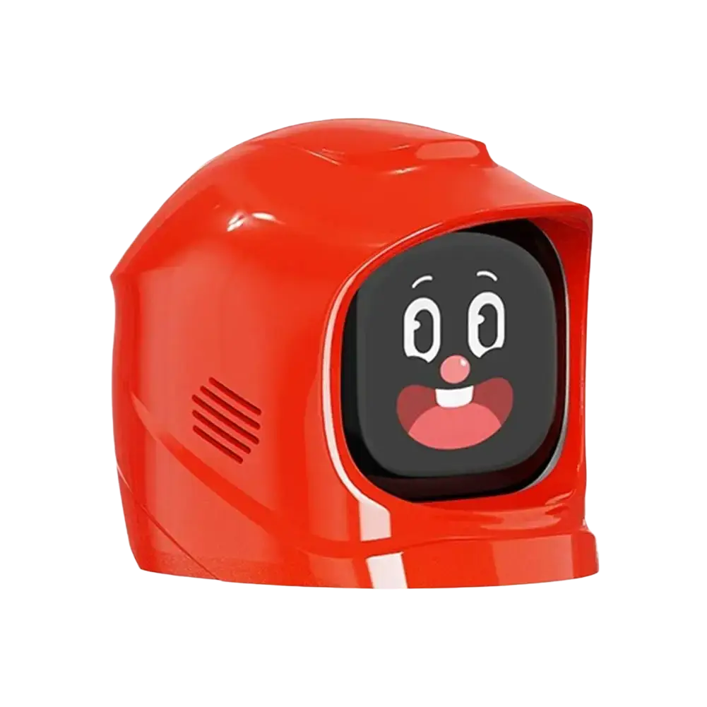 Vibrant red glossy plastic electronic pet robot with touch screen and cheerful face displaying sound effects