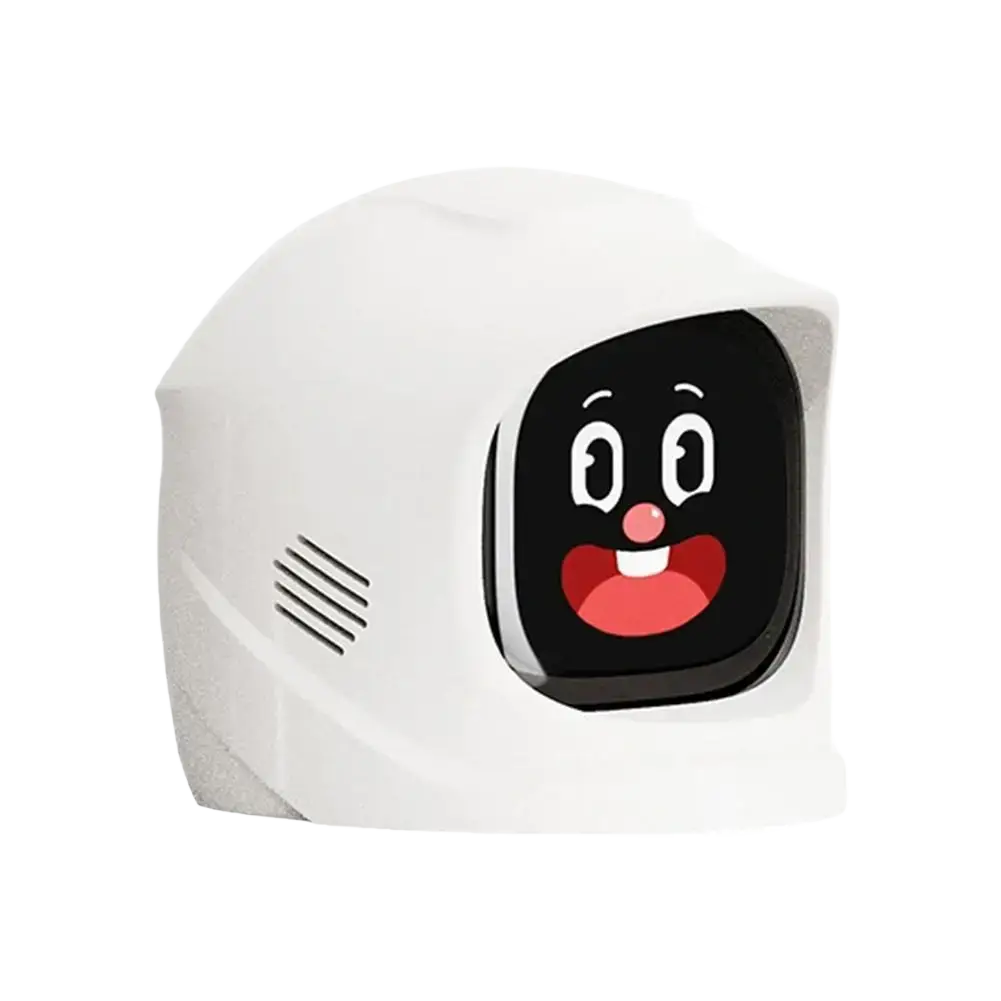 White plastic electronic pet robot with touch screen displaying cartoon face and sound effects features