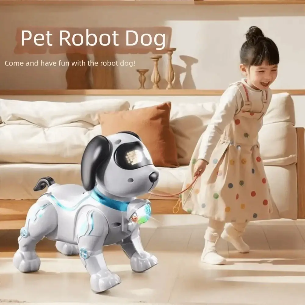 White and black electronic robot dog toy with glowing blue lights and bright LED screen for walking and dancing