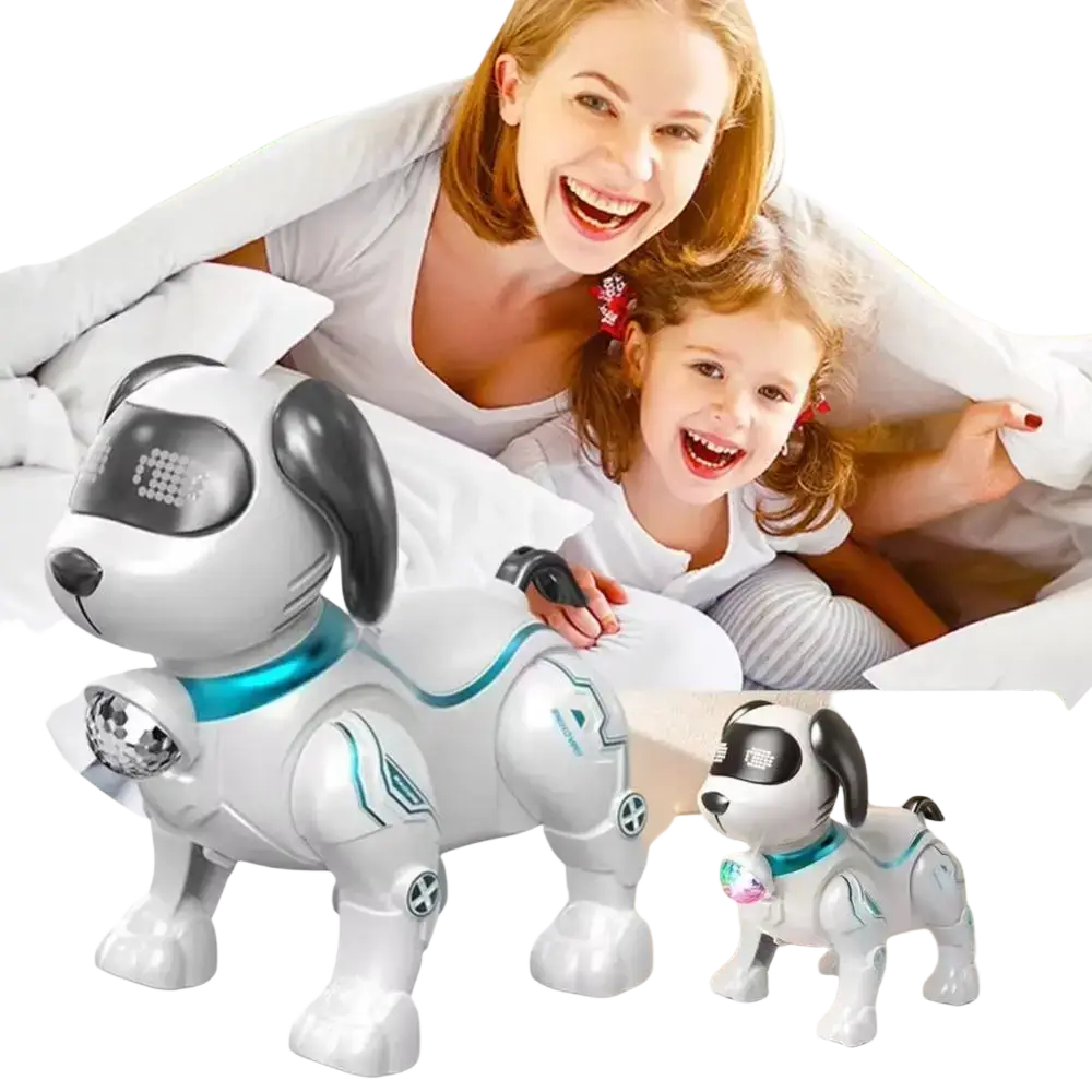 White and black electronic robot dog with teal accents digital eye display and led lights for walking and dancing toy