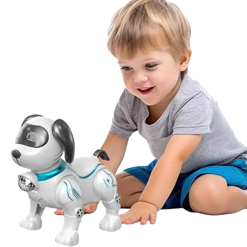 Electronic robot dog toy with white and black body, teal accents, led eyes, and reflective chest panel for walking and dancing
