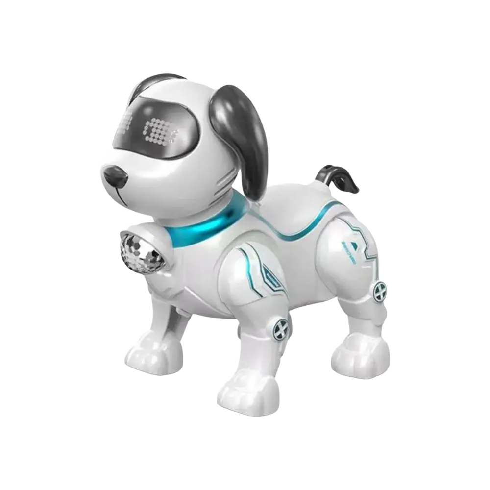 White electronic robot dog toy with black ears teal accents and a disco ball on its chest for walking and dancing