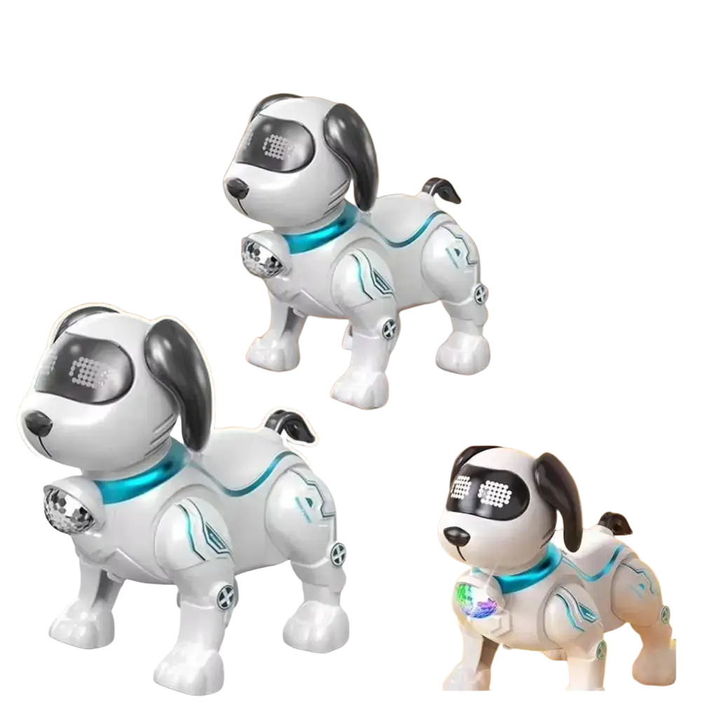 Electronic robot dog toy in white and teal with black ears, glowing led eyes, and a reflective disco ball chest