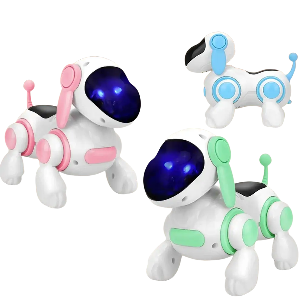 Electronic robotic dog toys type featuring white bodies with glowing blue eyes, soft rubber ears, and colorful accents