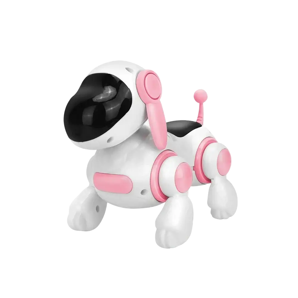 White and pink electronic robotic dog toy with black visor plastic body lights and music toys type