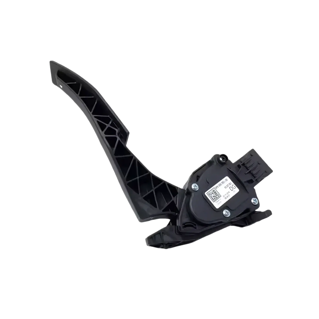 Black plastic electronic throttle pedal assembly for GM cars with integrated sensor and mounting bracket shown from the back side