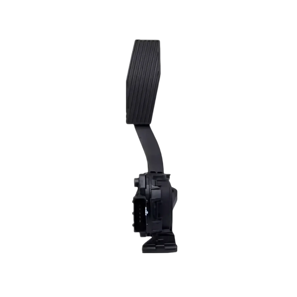 Black plastic electronic throttle pedal assembly for gm cars with textured grip and integrated connector housing back view