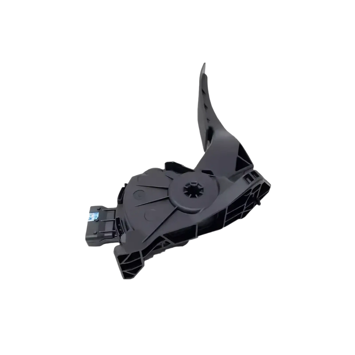 Black plastic car door latch mechanism with integrated wiring connector shown from back side in electronic throttle pedal assembly for gm cars