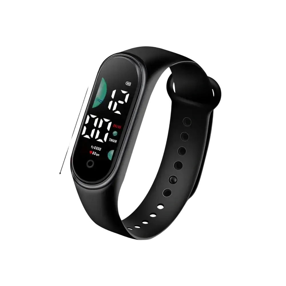 Black electronic watch with large font screen and curved display showing time and health metrics for sports use