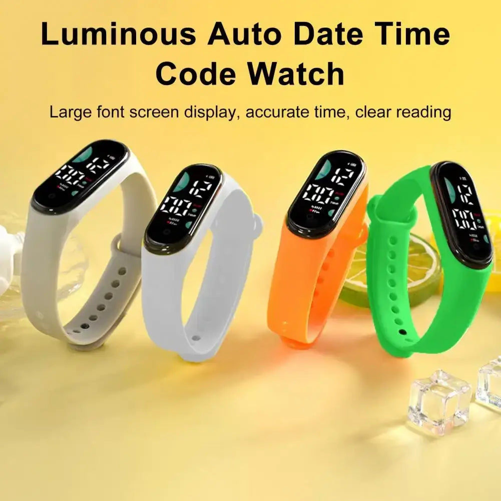 Four luminous electronic watches with large font screen and colorful silicone bands in white gray orange and green