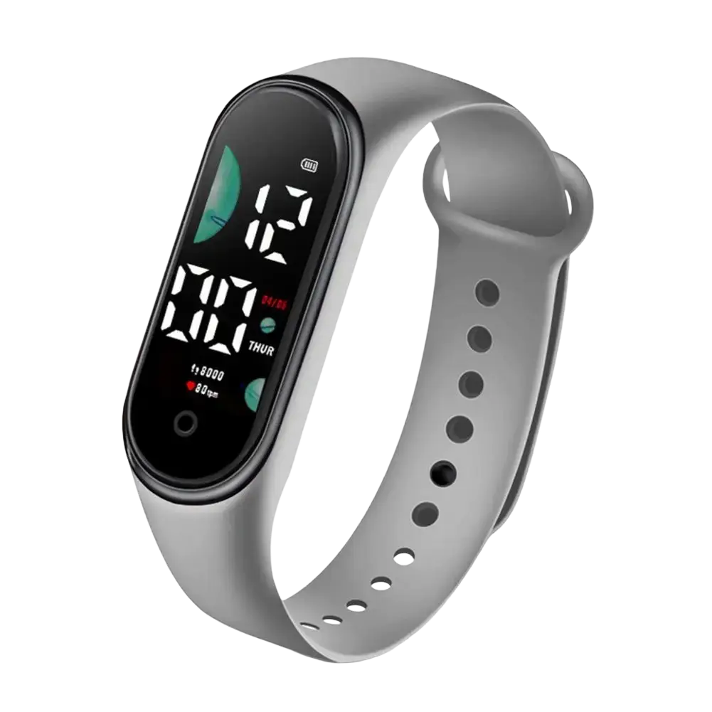 Gray silicone band electronic watch with large font screen showing time date and health metrics for sports use