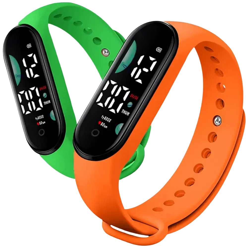 Electronic watch with large font screen in orange and green digital fitness trackers showing time steps and heart rate