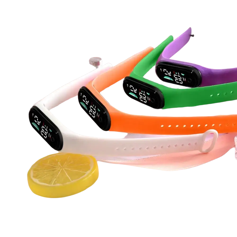 A set of colorful electronic watches with large font screens and silicone bands in white orange green and purple