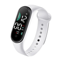 White silicone band electronic watch with large font screen showing time date and health metrics for sports use
