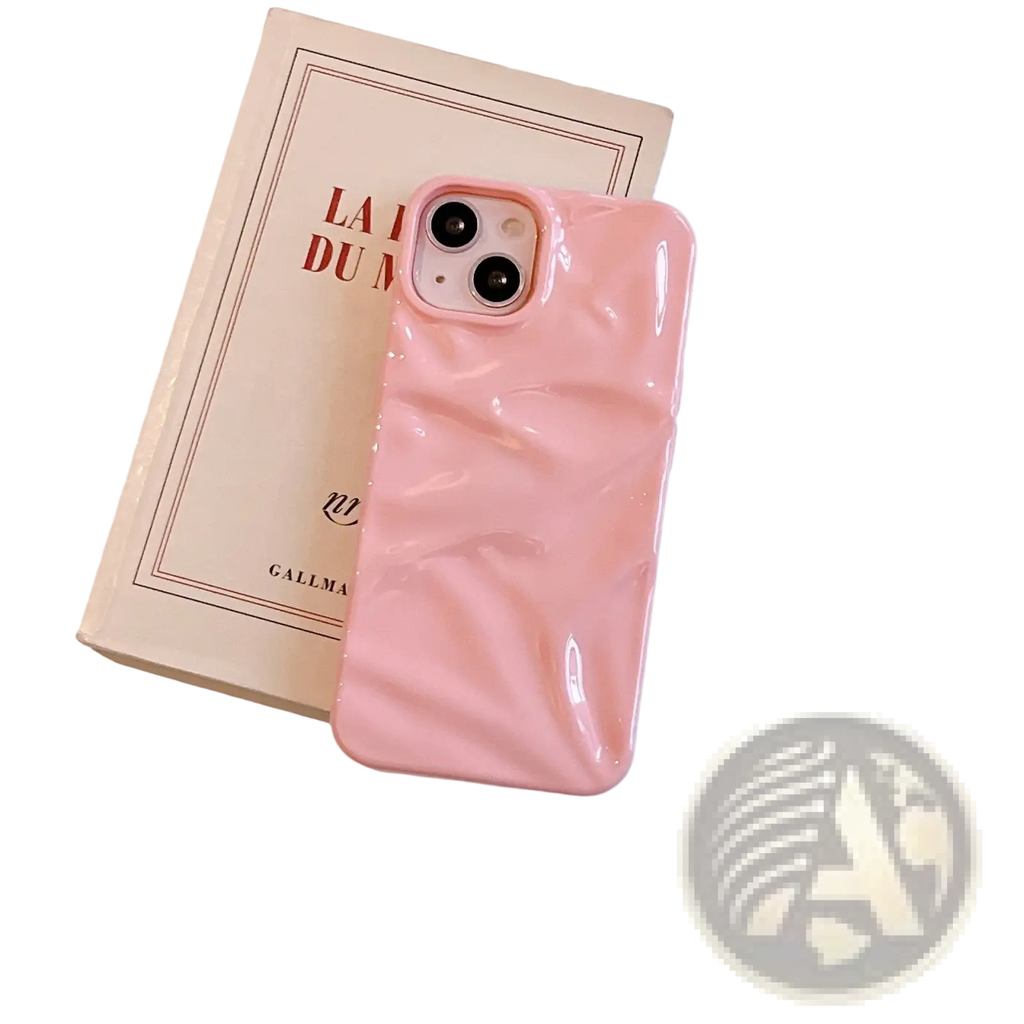 Electroplated 3d pleated phone case in glossy pink with a crinkled texture shown from the back side for iphone