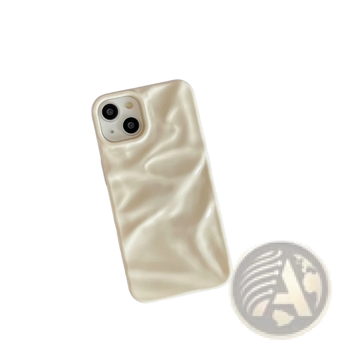 Cream-colored electroplated 3d pleated phone case with a glossy crinkled satin-like texture shown from the back side