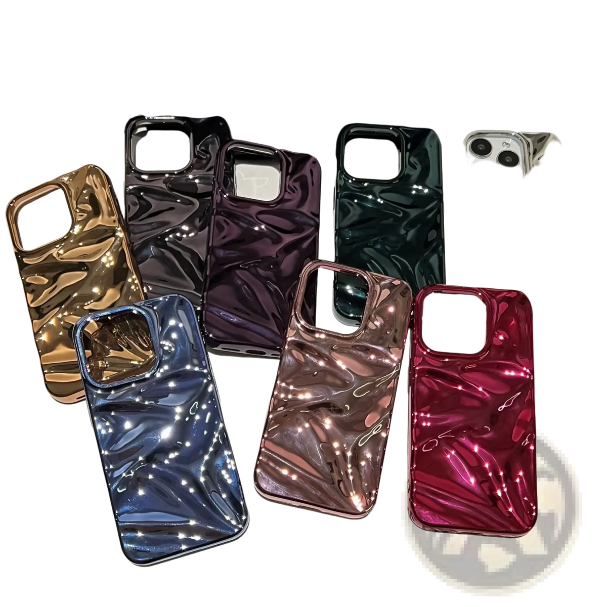 A collection of electroplated 3d pleated phone cases with glossy iridescent wave textures in vibrant colors shown from the back side