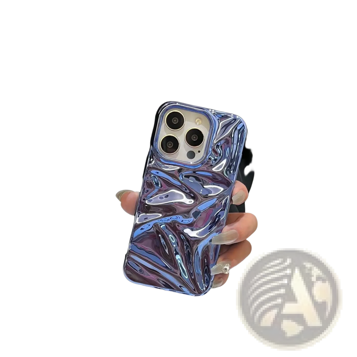 Back side of a shiny blue and purple marbled electroplated 3d pleated phone case with a glossy liquid-like finish